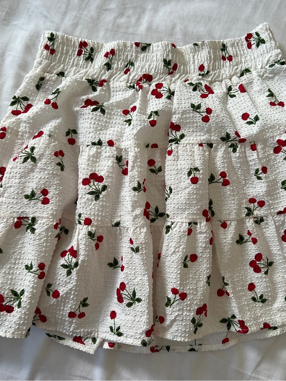 White Tiered Skirt with Red Cherry Print